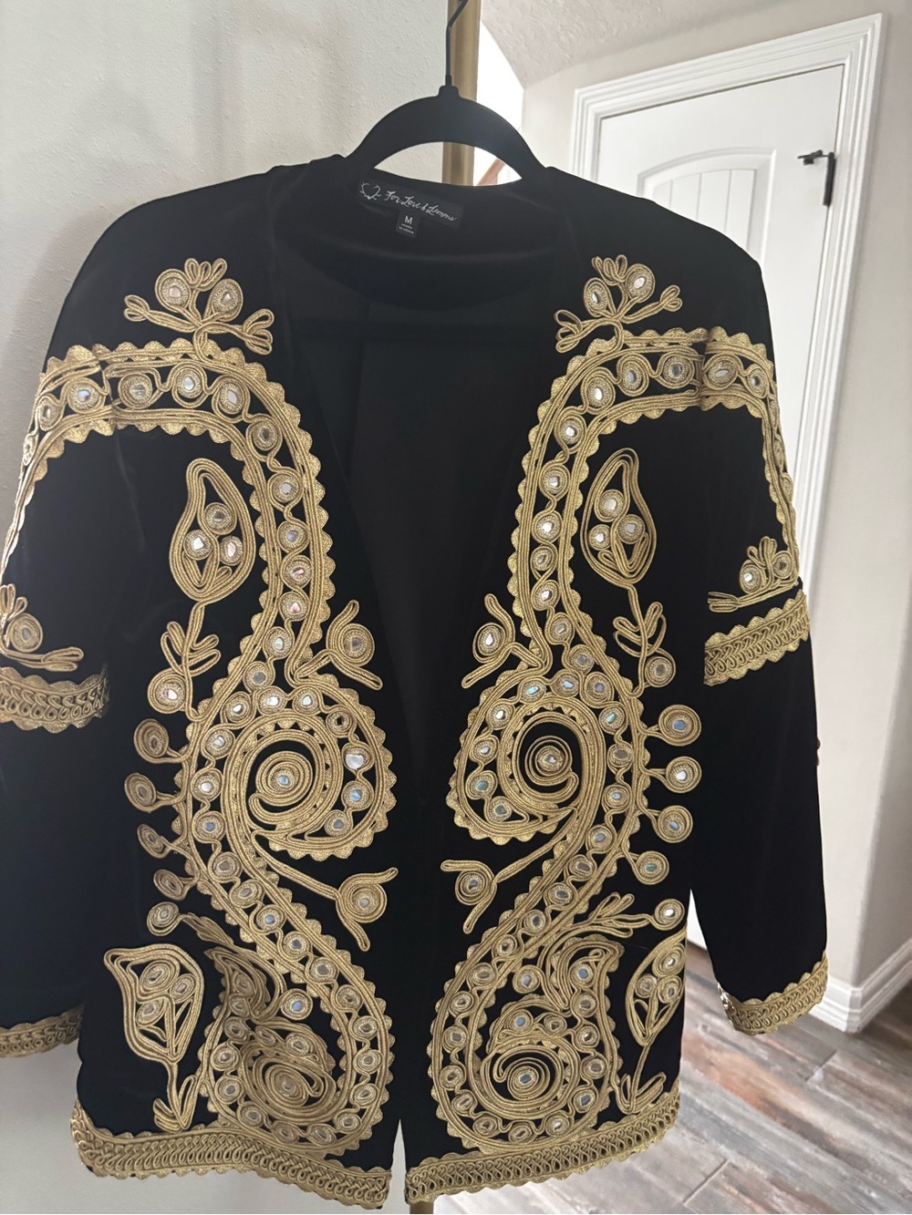For Love & Lemons Black Velvet Jacket with Gold Embroidery